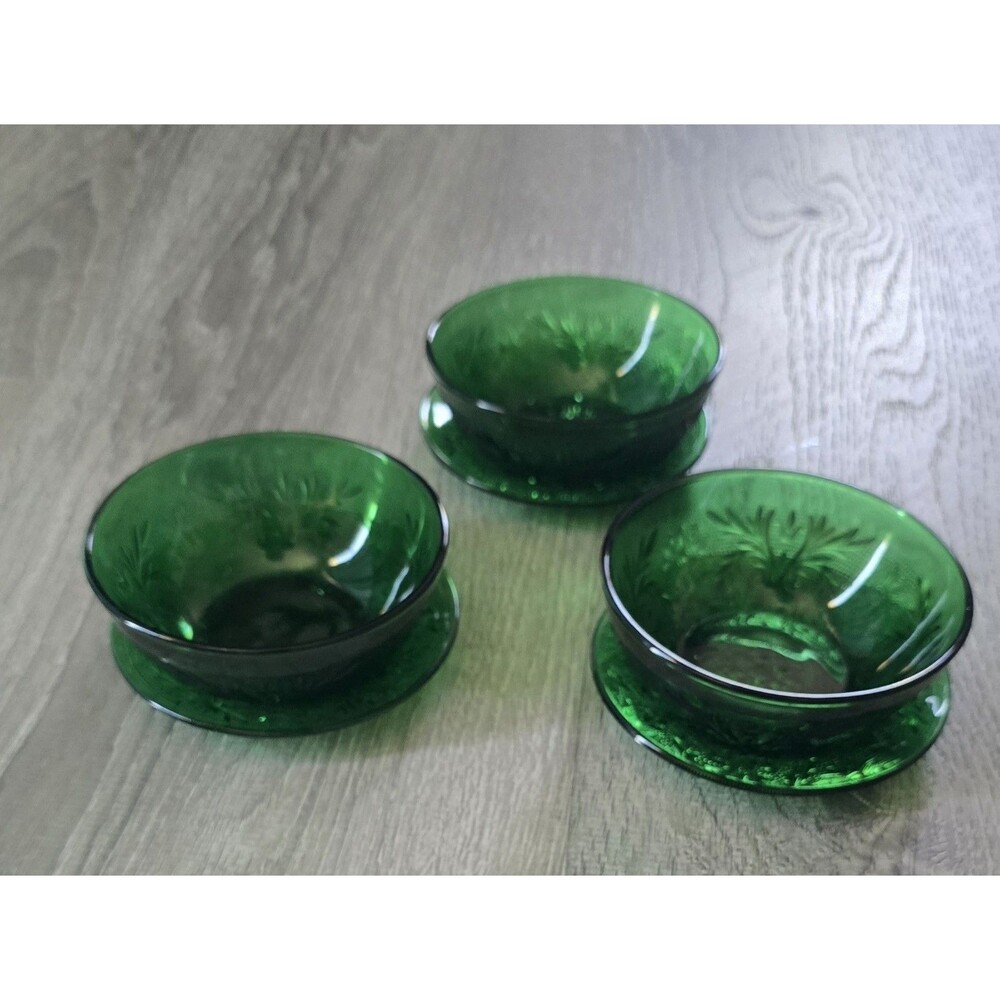 Anchor Hocking Forest Green Sandwich Glass Berry / Custard Bowl Plate 6 Pc Set